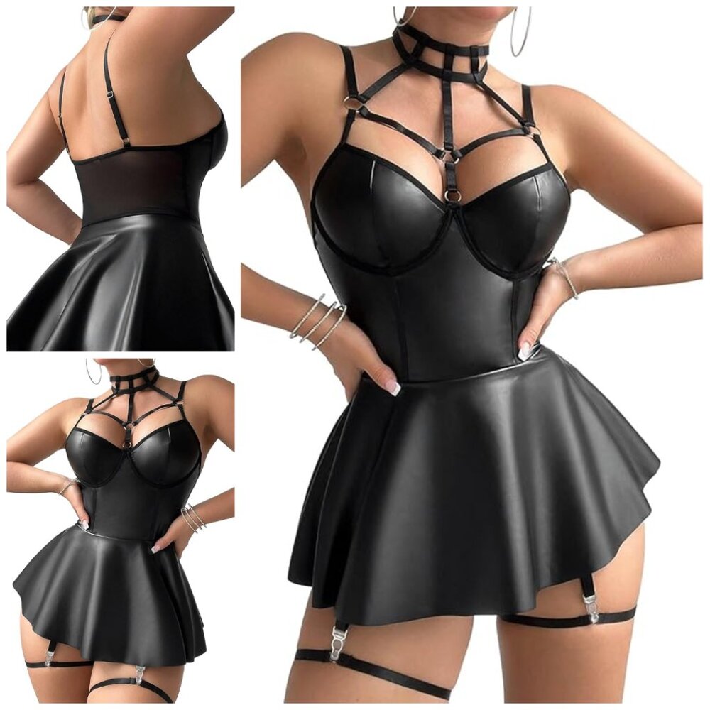 Sexy Strappy Leather Underwire Choker Garter Belt Mini Lingerie Set W/Thong 3pcs